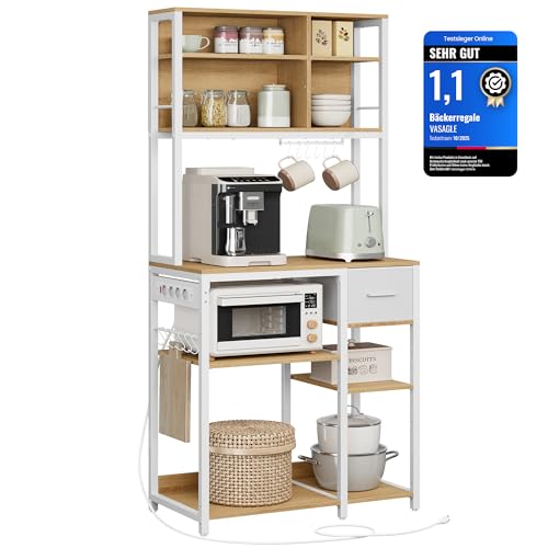 VASAGLE Küchenregal mit Steckdosen, Standregal, 40 x 80 x 180,4 cm, Backregal, verstellbare Ablagen, Stoffschublade, 12 Haken, Küche, goldeichenfarben-wolkenweiß KKS015Y02