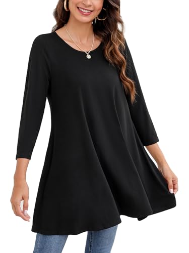 Enmain Schwarz Damen Tunika Top für Damen Dreivierte Langarm Blusen Tuniken Longline Bluse Longshirt Casual Rundhals Swing Tunika Tops XXL
