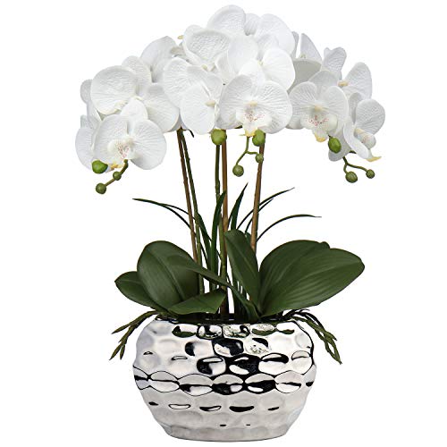 Briful 44CM Künstliche Orchideen Phalaenopsis Kunstblumen wie Echt Dekorative Orchidee Bonsai Kunstpflanze Arrangement im Keramiktopf für Tisch Wohnzimmer Wohnkultur Dekoration