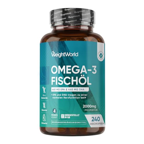 Omega 3 Weichkapseln - 2000mg Fischöl mit 1100mg Omega-3, 660mg EPA & 440mg DHA pro Portion - 240 Softgels - EPA & DHA tragen zur normalen Herzfunktion bei (EFSA) - Fish Oil - WeightWorld