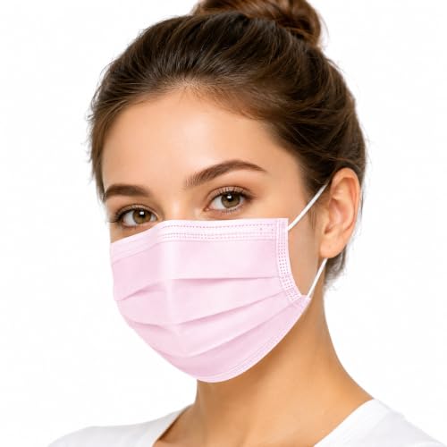 MEGAPHONIC Einwegmasken 100 Stück, 3-lagige Mund-Nasen-Masken Blau, atmungsaktive Einwegmaske mit Ohrschlaufen, Mundschutz für Alltag & Hygiene (100, Elastische Bänder, Rosa)
