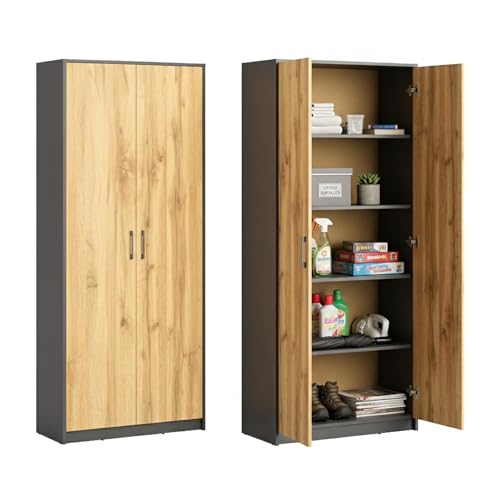 Home Collective Schrank Mehrzweckschrank Aktenschrank Hochschrank mit 5 Fächern 2 Türen 74x35x180 cm vielseitig einsetzbar für Büro Flur Küche Hauswirtschaftsraum stabil & pflegeleicht | graphit/eiche
