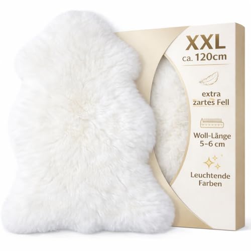 Premium-Schaffell weiß von LANABEST 110–120 cm – Echtes Naturfell in Premiumqualität – Weiches & wärmendes Schaffell für Sofa, Bett & Kinderwagen – Hygienisch, langlebig & stilvoll.