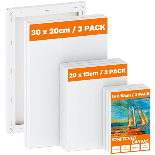 Koncci Leinwand zum Bemalen - 9 Stück (30x20 20x15 15x10cm) Keilrahmen Leinwand aus Säurefreie Baumwolle 280g/m² Dreifach Grundiert, Canvas Leinwände für Acrylfarben Ölgemälde, Anfänger Künstler