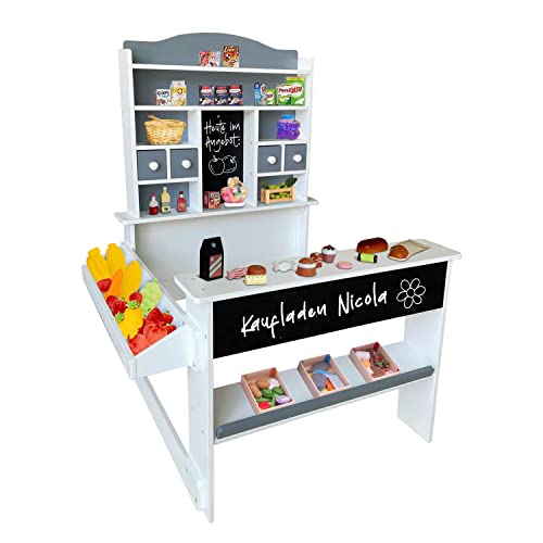 Coemo Kaufladen Nicola Kinder Kaufmannsladen aus Holz, Verkaufsstand Theke, Tafel, Seitentheke & Schublade Marktstand als tolles Geschenk, Grau