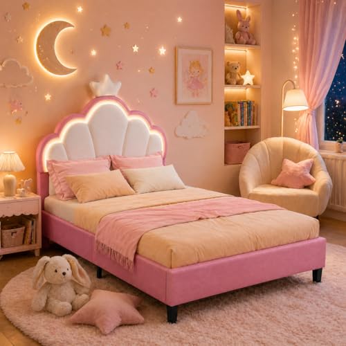 JiaOyu Kinderbett Polsterbett 90x200 cm, LED Einzelbett für Mädchen mit Kronen-Design und verstellbarem Kopfteil, gemütliches Samtbett für fantasievolle Kinderzimmer (90x200cm)