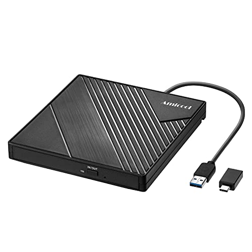 Amicool Externes DVD Laufwerk Extern USB 3.0 USB C CD Laufwerk für Laptop Desktop PC MacBook Externer DVD Brenner Windows 7/8.1/10/11 Linux Mac OS CD/DVD Player Tragbar +/-RW ROM Optisches Drive