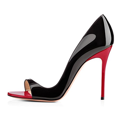 Elashe Damenschuhe High Heels Pumps | Open Toe 12CM Cut Out Lack Heels | D'orsay Hochzeit Schuhe | Hochzeit Party Pumps Schwarz-Rot EU43