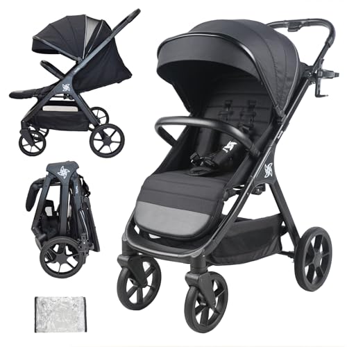 Twinly Spacely Buggy bis 25kg - Leichter Reisebuggy klein zusammenklappbar mit Liegefunktion | Kinderwagen All-Terrain, Große Räder, XXL Verdeck, Sportwagen inkl. Regenverdeck & Becherhalter (schwarz)