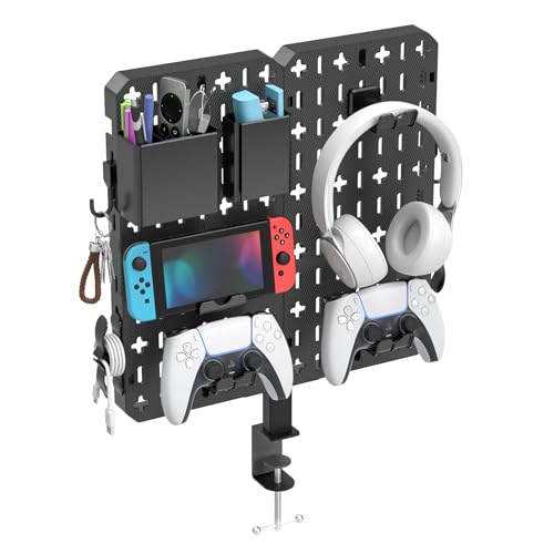 KDD 7 in 1 Schreibtisch Pegboard - Kein Bohren Stecktafel zum Klemmen mit Handyhalter/Stifthalter/Headset- und Controllerhalter/Haken, Abnehmbar Lochplatte für Werkstatt, Gaming, Büro Lochwand Zubehör