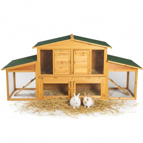 Mucola XXL Hasenstall Holz für draußen – Winterfest, mit Freilaufgehege, 215×73×100 cm, inklusive Schubladen zur einfachen Reinigung – Kaninchenstall Outdoor, wetterfest & robust
