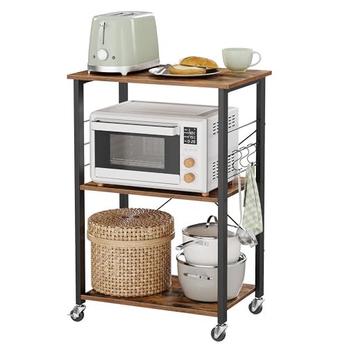 VASAGLE Küchenregal auf Rollen, Servierwagen, 3 Ebenen, Küchenwagen, für Mini-Backofen, Mikrowellen, Metallrahmen, 6 Haken, 40 x 60 x 89 cm, vintagebraun-tintenschwarz KKS60XV1