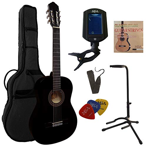 MSA 4/4 Gitarre für Anfänger, Gitarrenset mit Tasche Stimmgerät und Gitarrenständer STARTERSET schwarz
