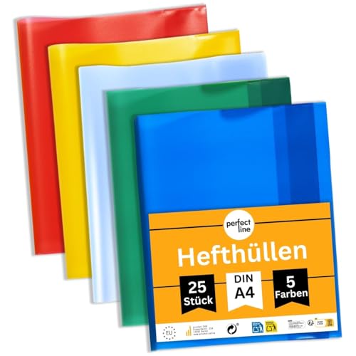 perfect line 25 Hefthüllen DIN-A4, 5 Farben, Heftumschlag transparent genarbt, Heftschoner aus recyclebarem PP, dokumentenecht