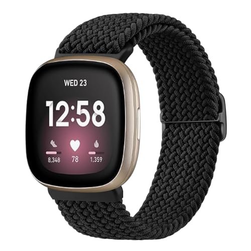 Mugust Armband für Fitbit Versa 4/3, Sense/Sense 2 - Geflochtenes Elastisches Nylon Ersatzband für Damen und Herren (Schwarz)