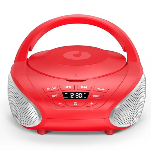 Gueray Tragbarer CD-Player Boombox Kompakt-Radio mit Stereo-Lautsprechern UKW-Radio 3,5-mm-AUX-Eingang, Kopfhöreranschluss und LCD-Display für Innenräume Outdoor Reisen & Hörbücher (Rot)