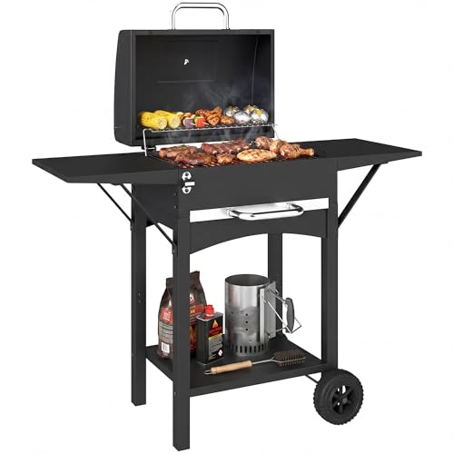 Outsunny Holzkohlegrill mit Deckel, BBQ Smoker Grill mit 2 Seitentischen Große Grillfläche Grillrost Thermometer Räder, Grillwagen Standgrill Kohlegrillwagen 110 x 46,5 x 101 cm Schwarz