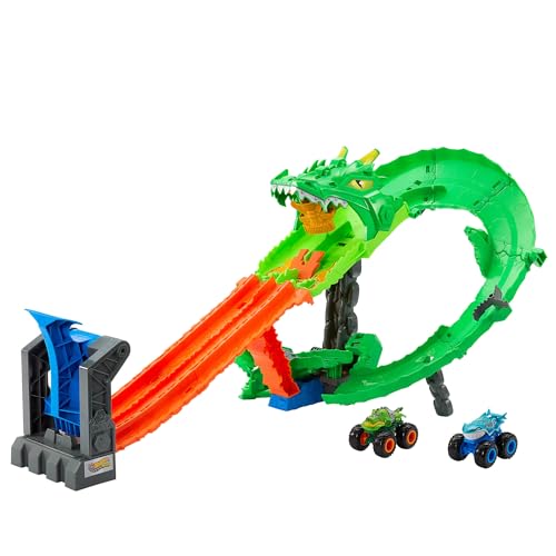 Hot Wheels Spielzeug Monster Trucks, Sharks vs. Dinos Drachenzerstörungs-Spielset mit riesigem Great Bite und Rageasaur im Maßstab 1:64, Rennspaß, um den Cyborg-Feind zu besiegen,JGB06