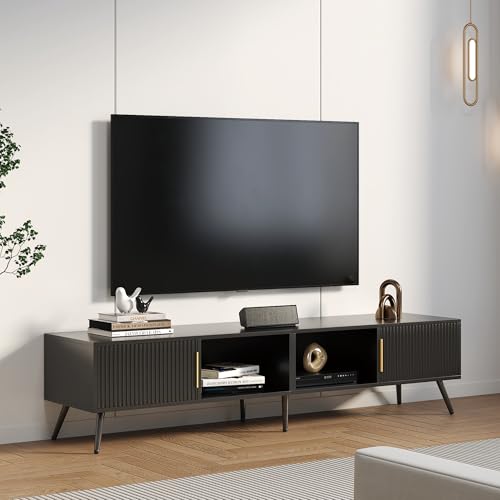 KEEPREAPER TV Schrank 171cm, Lowboard Modern mit Wellenfront und Metallgriffen, TV Lowboard Stehend für 75 Zoll Fernseher, Fernsehtisch mit Kabeldurchlass für Wohnzimmer (Schwarz)