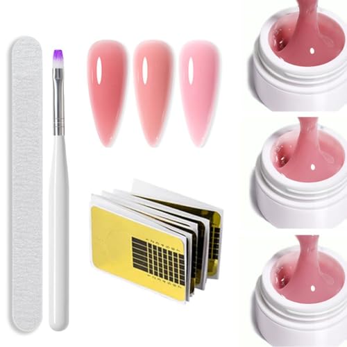 Aufbaugel für Gelnägel Builder Gel, 3-Farben Nagelverlängerungs-Gel Set,Hellrosa, Rosa, Nackt Builder Gel, Langanhaltendes glänzendes Acryl-Overlay für Naturnägel | mit Pinsel & Feile & 20 Nagelformen