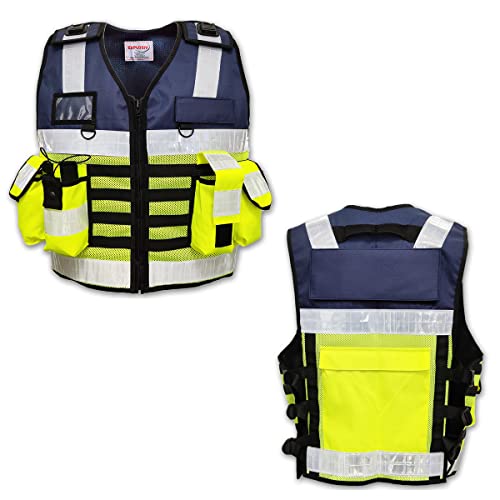 EXPLOSIV Reflektierende Multi-Taschen Security Sicherheitsweste, Größe M-2XL (verstellbar), navy-yellow (ohne Druck)
