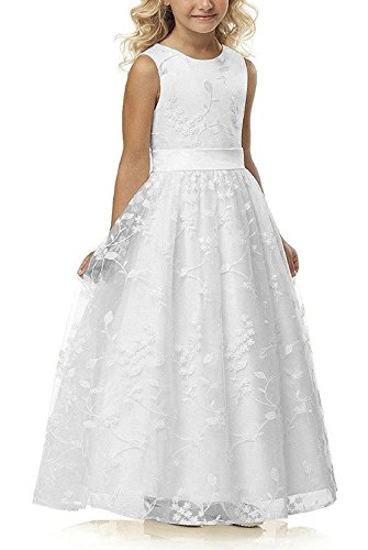 Aibaowedding Chic Lange Kinder Kommunionkleid Sommerkleider aus Besticktem Tüll mit Satin Gürtel/Boho A-Linie Brautjungfern Kleider Blumenmädchenkleider für Mädchen(Weiß,8)