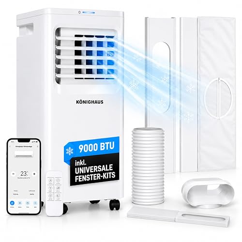 Könighaus Smarte EU Mobile Klimaanlage 9000 BTU – für deutsche Kippfenster geeignet - Kühlung, Entfeuchtung, Ventilator und Luftreinigung – energieeffizient (A) – inkl. Fernbedienung und App