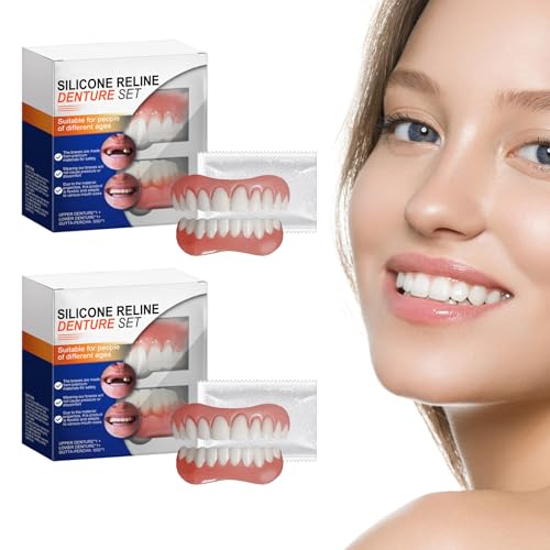 2 Sätze Silikon Zahnprothesen Zahnersatz zum Aufstecken Silicone Reline Denture Set 6 × 1,9 Cm/5,7 × 2 Cm Provisorische Zahnprothese für Frauen Männer Geeignet für Silikon-Zahnimplantate