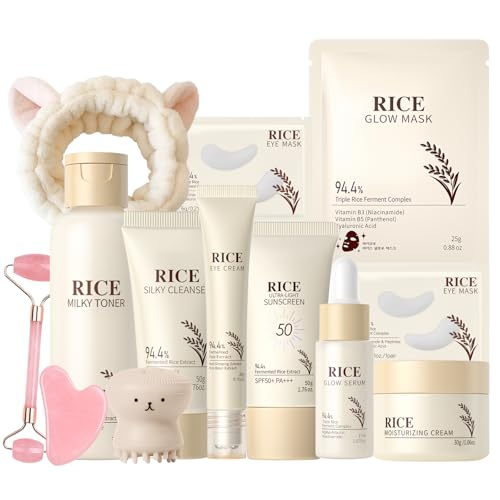 13 Stück Reis Korean Skincare Set, Gesichtspflege Set Damen mit Toner, Cleanser, Serum, Creme, Augencreme, Sonnencreme, Masken & Gua Sha Tools, Koreanische Kosmetik Geschenkset Frauen