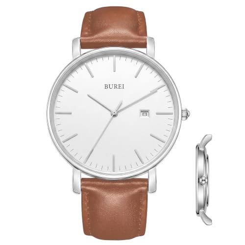 BUREI Herrenuhr, Minimalistisch Analog Quarz Uhr Wasserdicht Ultradünne Herrenuhr Lederarmbanduhr, Männergeschenk.