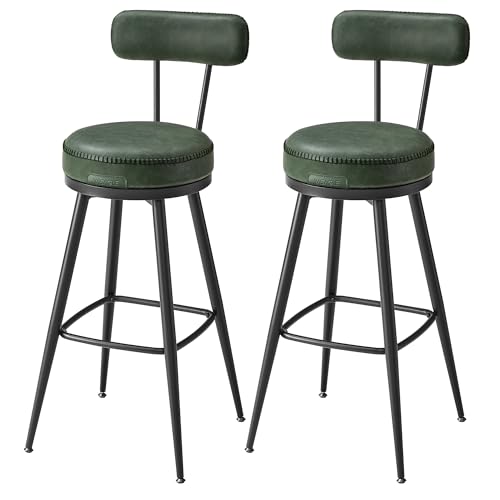 VASAGLE EKHO Kollektion - 360° drehbarer Barhocker, 2er Set, Hocker mit Rückenlehne für Bartisch, Kunstleder mit Nähten, Mid-Century-Modern-Stil, 76 cm hoch, Küche, Hausbar, waldgrün LBC889C01
