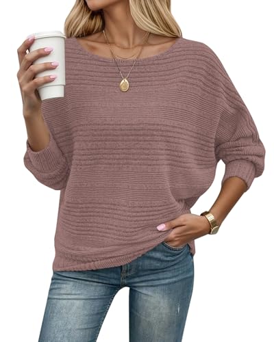 WNEEDU Pullover Damen Herbst Winter Dünne Fledermausärmel Strickpullover Langarm Geripptes Pulli Sweater Sweatshirt Langarmshirt Elegant Russischrot L