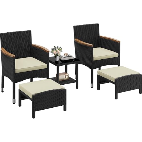 Yaheetech 5er Set Rattan Gartenmöbel Balkonmöbel Terassenmöbel Außen Kleiner Balkon mit 2 Einzelsofas & 2 Fußhocker & 1 Kaffeetisch, Schwarz & Beige