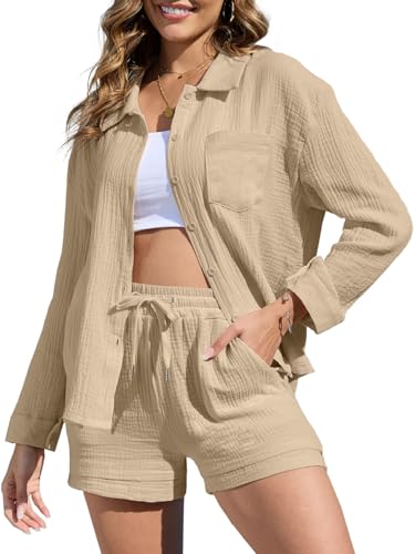 CheChury Sommer Outfits Damen Zweiteiler Hosenanzug Elegant Outfit Set Musselin Bluse Hemd und Shorts Y2k Aesthetic Clothes Loungewear Strand Urlaub Freizeitanzug Sommer Leicht Streetwear,Khaki,XL