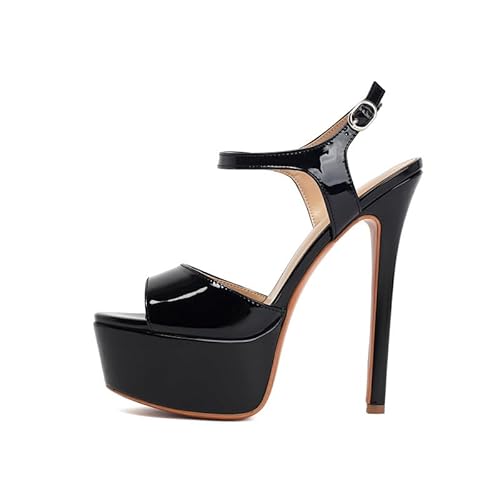 Veelau Meieer Plateau Sandalen Stiletto High Heels Damenschuhe mit Verstellbarem Knöchelriemen Sexy Sandaletten Schwarz 45 EU