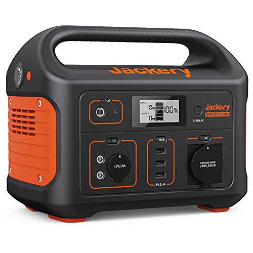Jackery Explorer 500, 518Wh Tragbare Powerstation Mobiler Stromspeicher mit 230V/500W (Spitze 1000W) Steckdose, Mobile Stromversorgung mit LCD-Anzeige für Party, Camping, Wohnmobil, Heimwerken