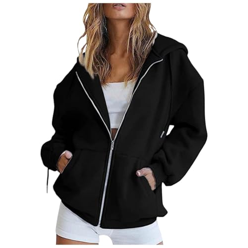 Damen Strickjacke,Hoodie Damen Sweatjacke Kapuzenjacke Lang Sweatshirt Kapuzenpullover Mit Kapuze Langarm Reißverschluss Mantel Oversize Pullover Sport Style Zipper Oversize Sweatshirtjacke Schwarz XL