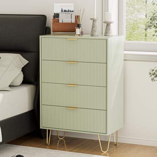 HEYZOEY Kommode, Sideboard mit 4 Schubladen, 34x60x91cm, Holz Schubladenschrank mit Gold Bein, Modern Boho Beistellschrank für Schlafzimmer, Flur, Wohnzimmer,Grün