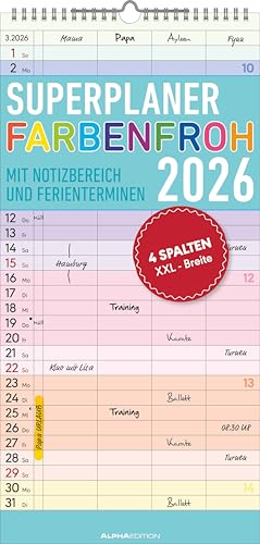Alpha Edition - Superplaner Farbenfroh - 4 Spalten - Familienkalender 2026 – 4 Spalten, 22x45 cm – Bunter Familien-Timer mit Feiertagen (DE/AT/CH/FR/IT) – FSC-zertifiziert