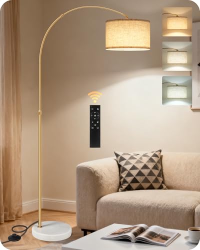GOEBLESON Goldene Stehlampe Wohnzimmer, Dimmbare Bogenlampe Fernbedienung