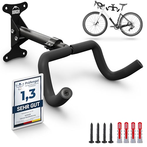 Borgen Fahrrad Wandhalterung klappbar - Fahrradhalterung Wand bis 20kg Tragfähigkeit - Winkel und Wandabstand einstellbar - extra softe Polsterung - Fahrradaufhängung Wand für MTB, Rennrad, E Bike