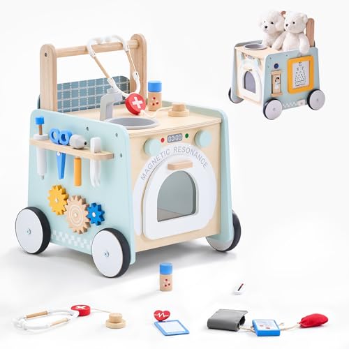 DENMOSTY Lauflernwagen Holz Baby, Montessori Lauflernhilfe Baby Walker ab 6 Monate Laufwagen mit Rädern & Doktor Spielzeug, Laufhilfe Gehhilfe Lernlaufwagen Geschenk für Jungen and Mädchen