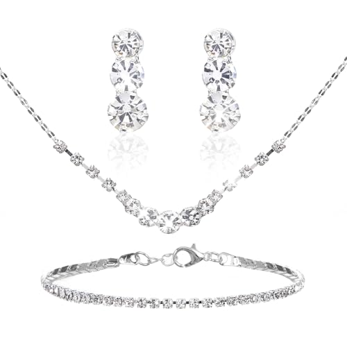 Sibba Silber Schmucksets für Damen Strass Kristall Halskette Armband Ohrringe Schmuckset Damenkette Armkette Kette Anhänger Braut Hochzeit Ohrstecker Choker für Frauen Brautschmuck Bridemaid Geschenk