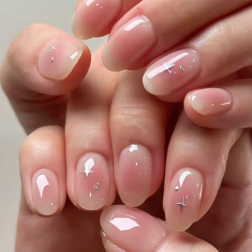 24PCS Press on Nails Kurz - Oval Ombré Nude Rosa Künstliche Nägel Zum Aufkleben - Natürlich Mandel Künstliche Fingernägel - Farbverlauf Blush Rot Full Cover Kunstnägel Fake Nails Für Frauen Maniküre