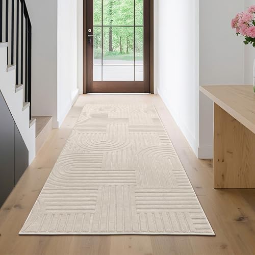 Enyhom Läufer Flur, Beige Küchenläufer rutschfest 80x200cm Waschbarer Teppichläufer Modern Flurteppich für Eingang Schlafzimmer Wohnzimmer