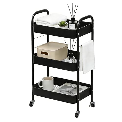 ZOESTORAGE Rollwagen mit 3 Etagen, Aufbewahrungswagen aus Metall mit Rollen für Zuhause, Badezimmer, Küche, Wäsche, Büro und Rollwagen Küche für Bücher, Gemüse und Snacks, Schwarz