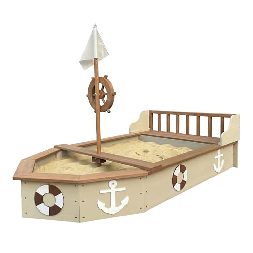 AXI Doris Sandkasten Boot/Schiff aus Holz - Beige | Sandkastenschiff mit drehbarem Ruder, Flagge & Sitzbank | Sandkastenboot/Piratenschiff mit Abdeckung und Bodentuch | 153x90x100 cm
