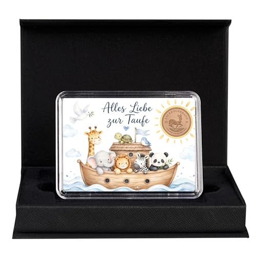 Goldgeschenk zur Taufe Arche Noah – 0,5g / 1g Goldbarren oder 3,11g Krügerrand Goldmünze – Geschenkbox mit Grußkarte – Taufgeschenk Baby & Kind von Goldstücke24 (3,11g Goldmünze)