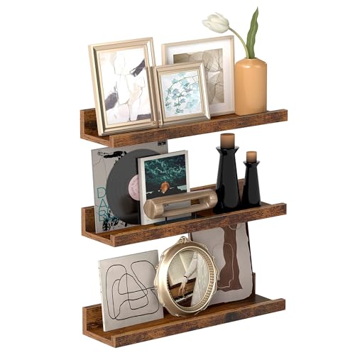VASAGLE Wandregale, 3er Set, Schweberegale, Breite 38 cm, erhöhte Vorderkante, für Bilderrahmen, Dekoartikel, Gewürzgläser, für Küche, Wohnzimmer, vintagebraun LWS037X01