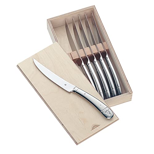WMF Steakmesser Set 6-teilig, Pizzamesser, Cromargan Edelstahl poliert, Steak Messer, Wellenschliff, spülmaschinengeeignet, in Holzbox